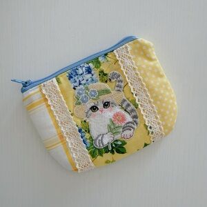 Floral Cat Embroidered Pouch - Yellow and Blue